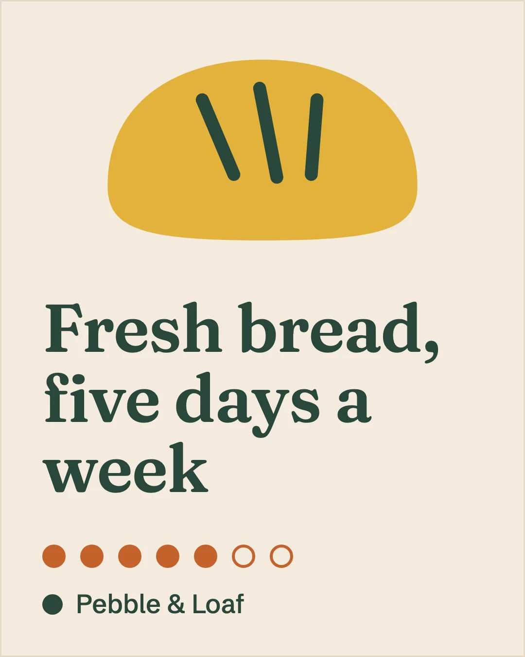 Illustration, made-up brand. Pebble & Loaf post: Fresh bread, five days a week, in green on cream, with five of seven dots filled.